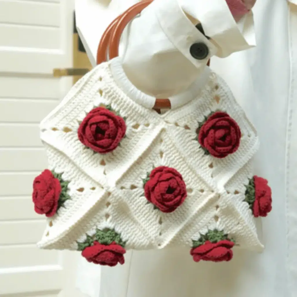 Rose Flower Granny Square Bag