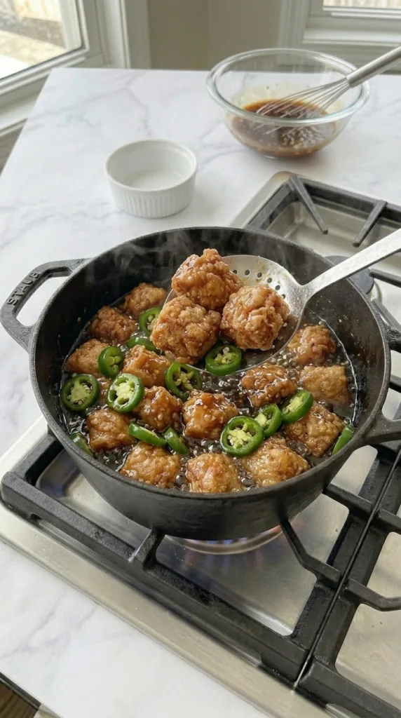 Adding fresh jalapeño slices to sauce for spicy kick