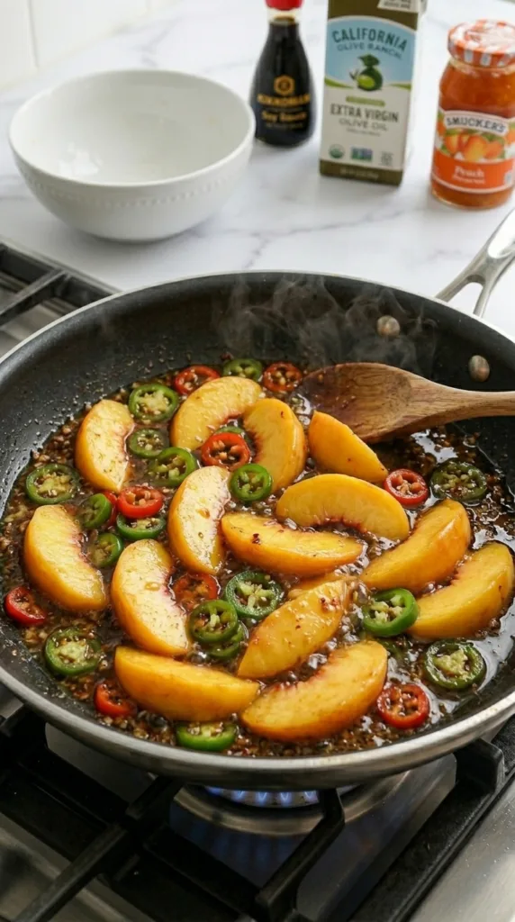 Adding peach slices to skillet for sweet glaze base