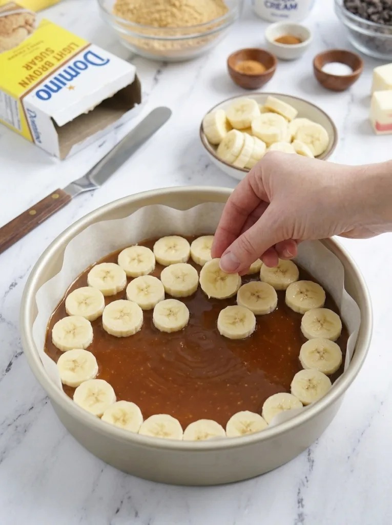 Caramel Banana Upside Down Cake (with Chocolate!) 14 Caramel layer with banana slices in cake pan