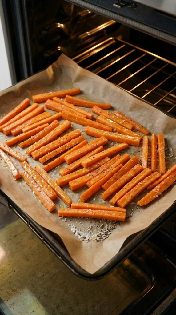 Carrot fries arranged in single layer on baking sheet before roasting