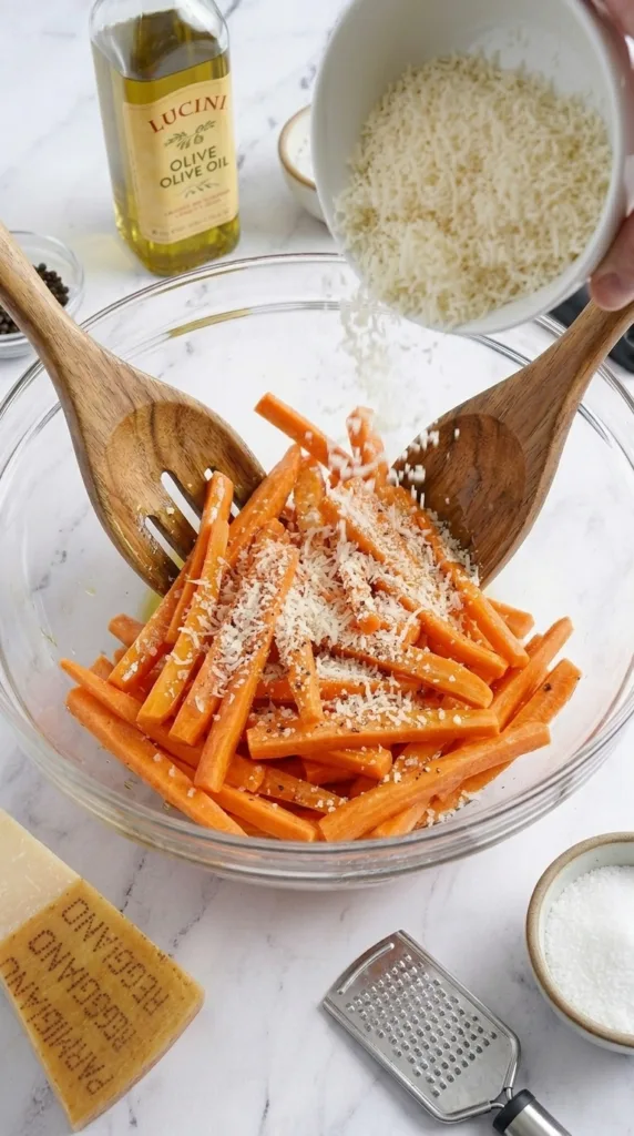 Coating carrot fries with grated Parmesan for cheesy crust