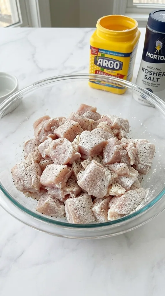 Coating chicken thighs in cornstarch for extra crispy spicy jalapeño chicken