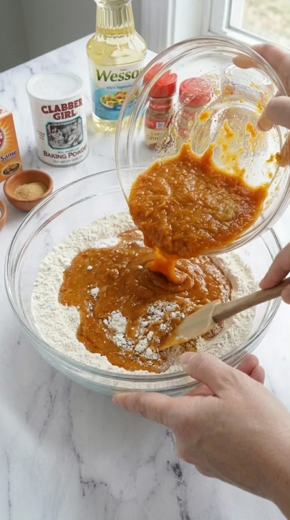 Combining wet and dry for cranberry pumpkin bread batter