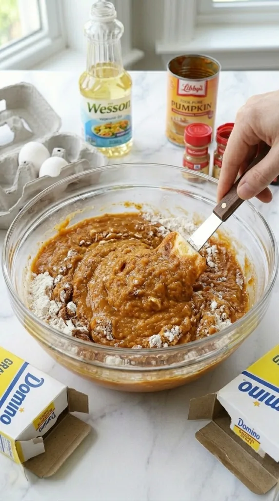 Moist Spiced Pumpkin Bread with Pepitas (1-Hour Bake!) 12 Combining wet and dry for spiced pumpkin bread batte