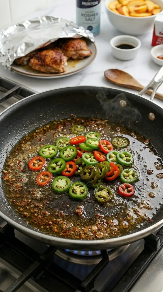 Cooking jalapeño slices in skillet for fresh heat in peach chicken