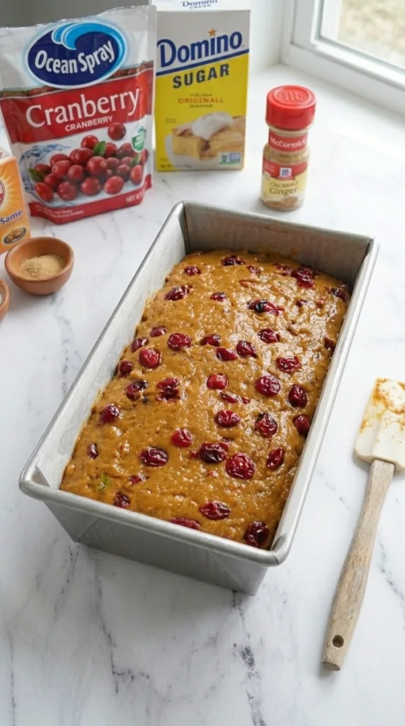 Cranberry pumpkin bread batter in loaf pan ready to bake