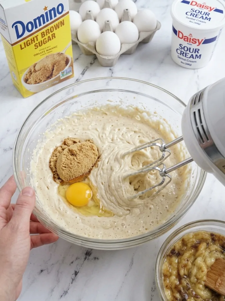 Caramel Banana Upside Down Cake (with Chocolate!) 16 Creaming butter and brown sugar for moist cake