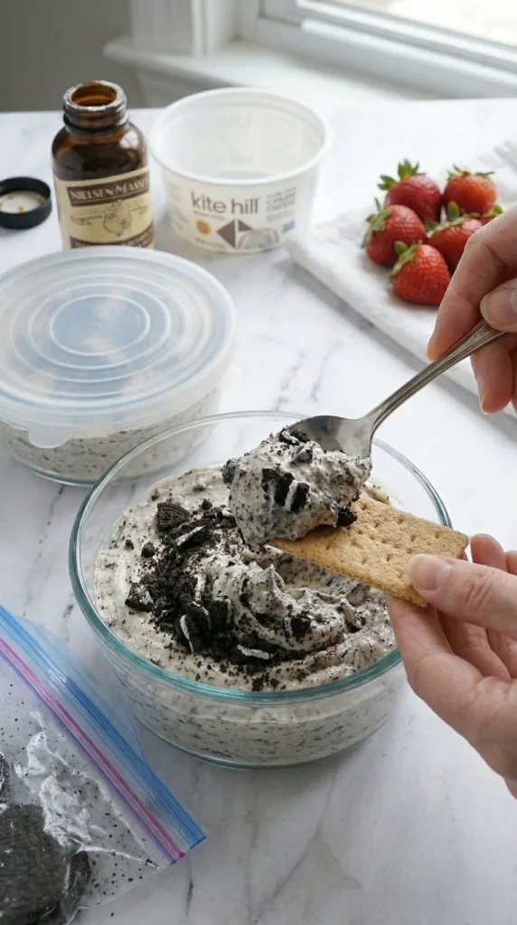 Creamy Oreo cheesecake dip ready to serve