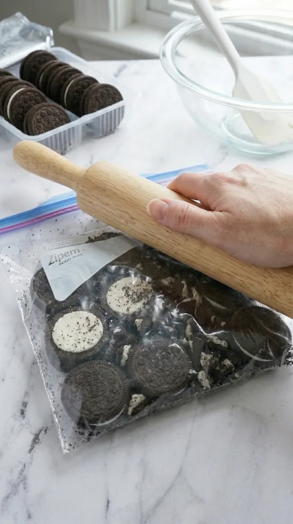 Crushing Oreos for cheesecake dip texture