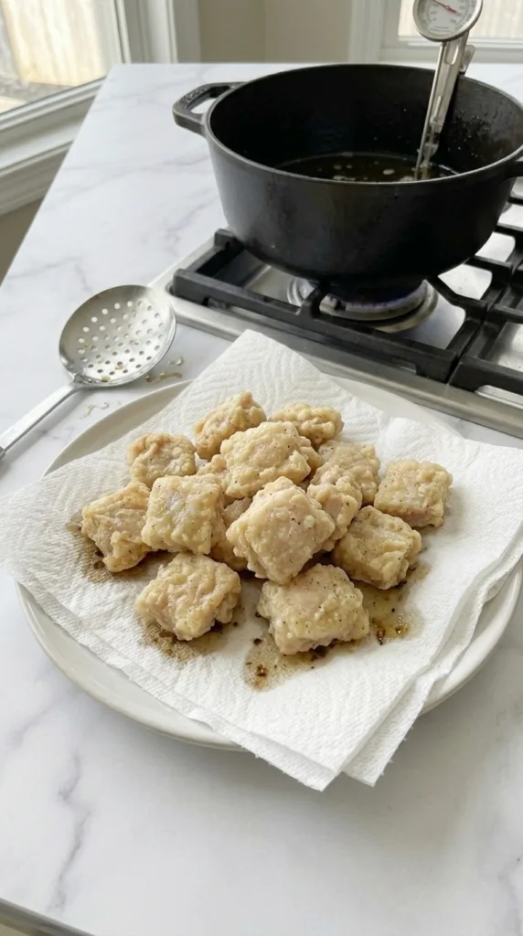 Draining first-fried chicken to remove excess oil
