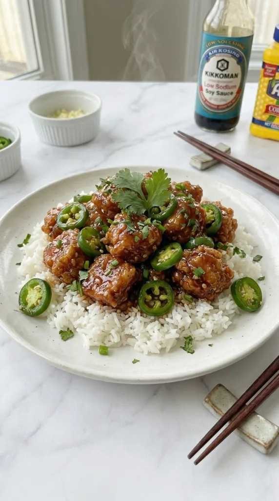 Extra crispy spicy jalapeño chicken served over rice—sweet-spicy perfection