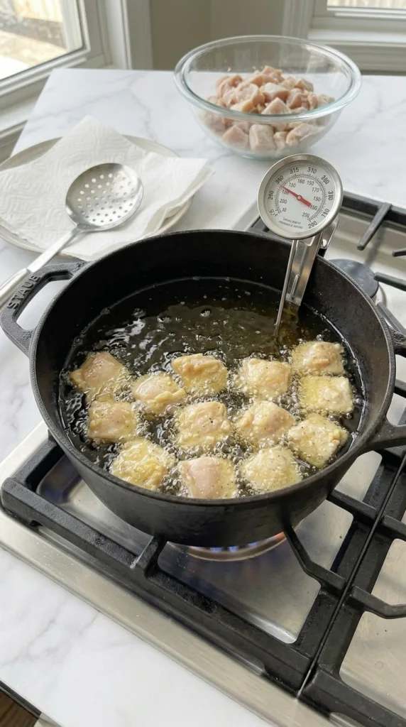 First fry of cornstarch-coated chicken for spicy jalapeño chicken