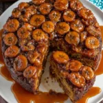 Flipped caramel banana upside down cake—gooey topping and chocolate chips