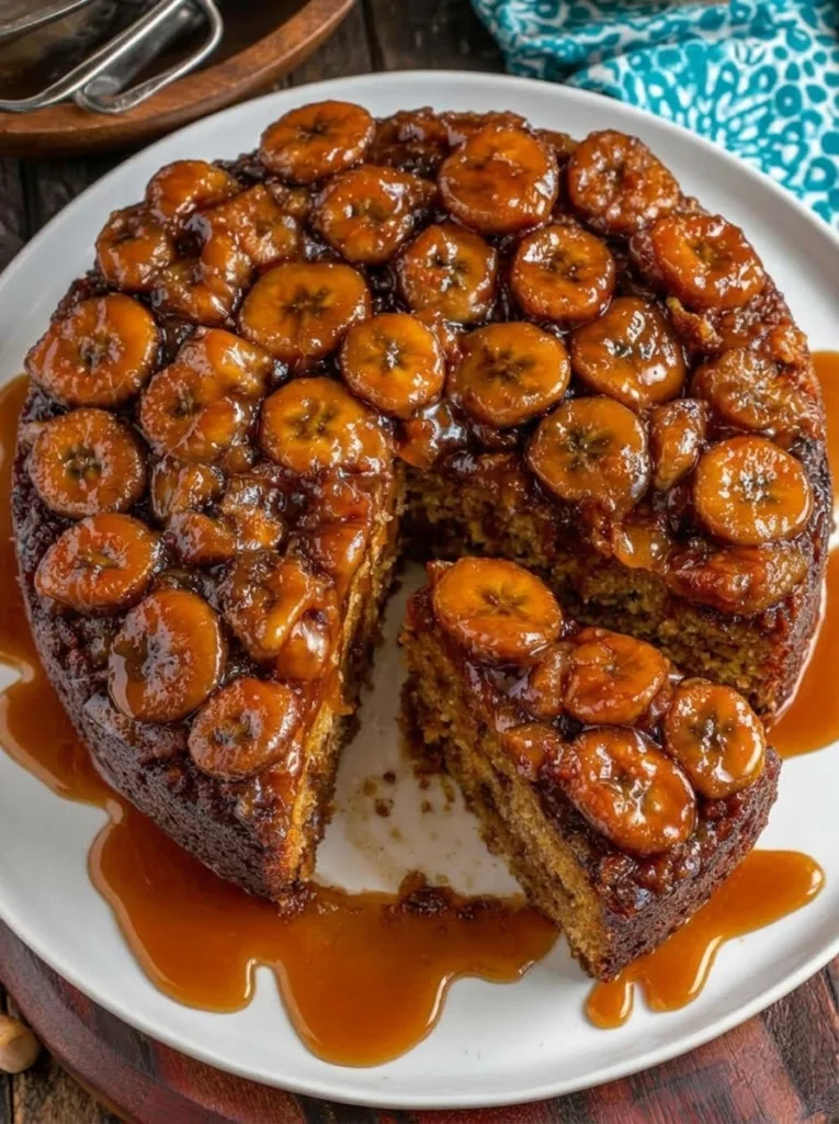Caramel Banana Upside Down Cake (with Chocolate!) 20 Flipped caramel banana upside down cake—gooey topping and chocolate chips