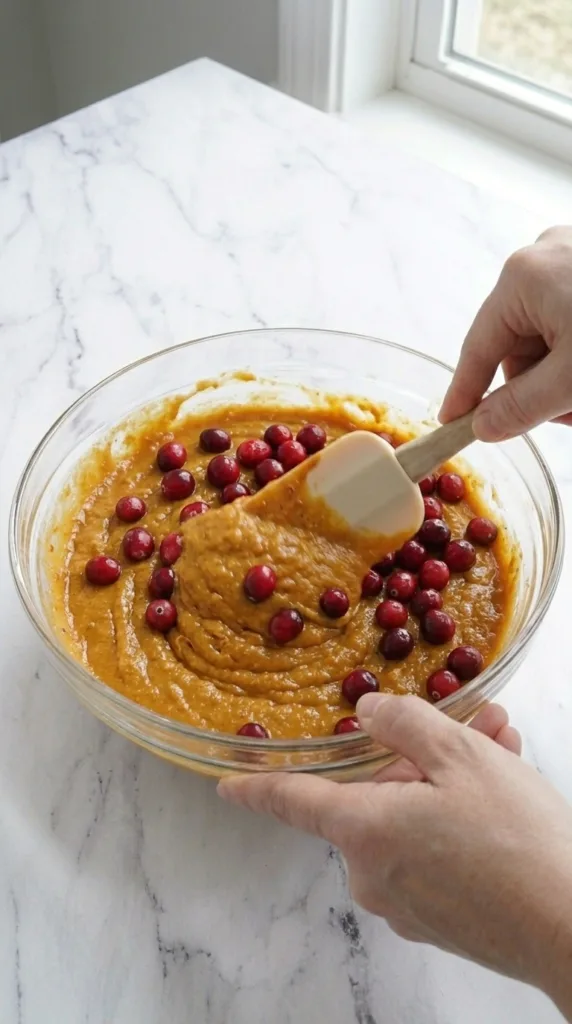 Folding fresh cranberries into pumpkin bread batter