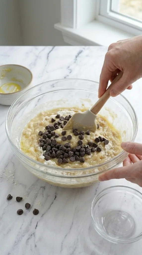 Folding chocolate chips into banana bread batter