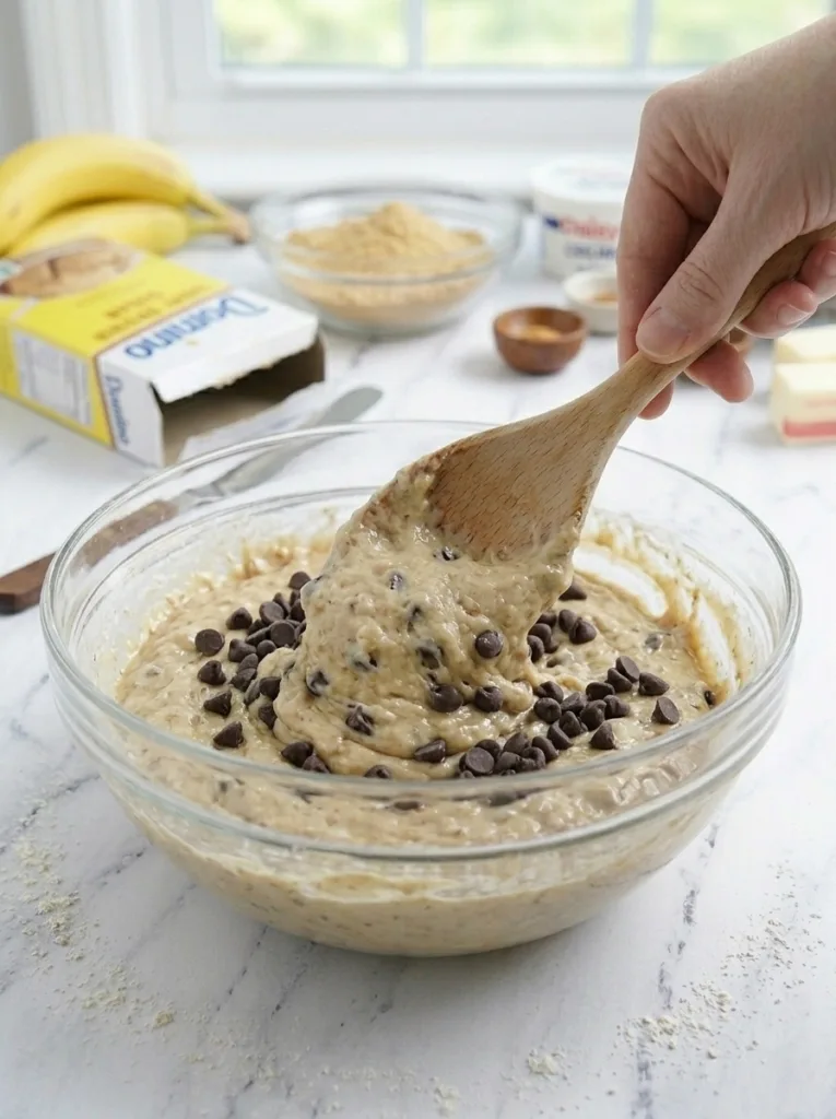 Caramel Banana Upside Down Cake (with Chocolate!) 18 Folding chocolate chips into banana cake batter