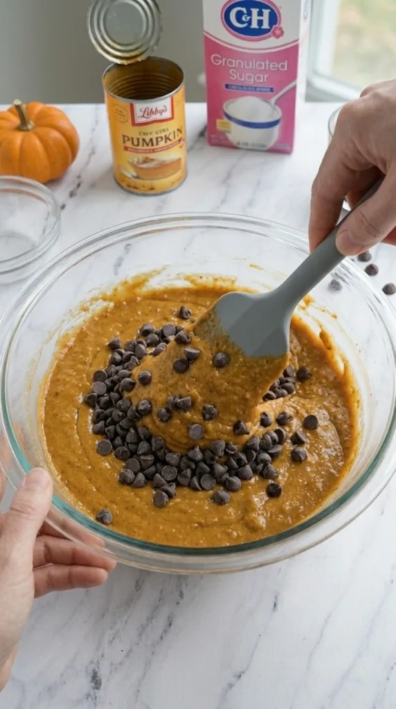 Folding chocolate chips into pumpkin spice latte bread batter