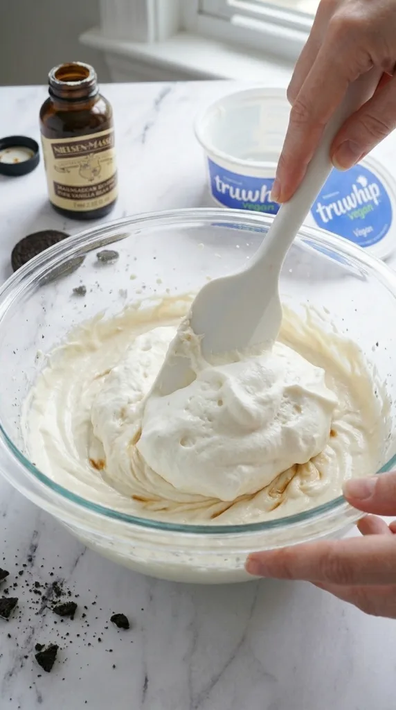 Folding vegan Truwhip into cream cheese for airy dip texture