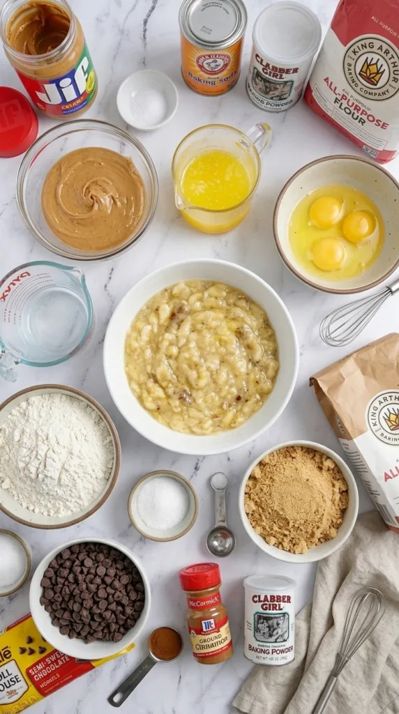 Key ingredients for peanut butter banana bread