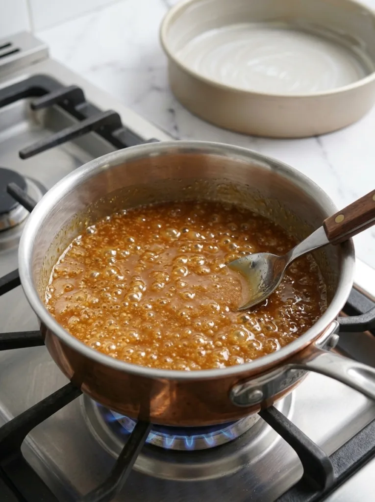 Caramel Banana Upside Down Cake (with Chocolate!) 13 Making caramel for banana upside down cake topping