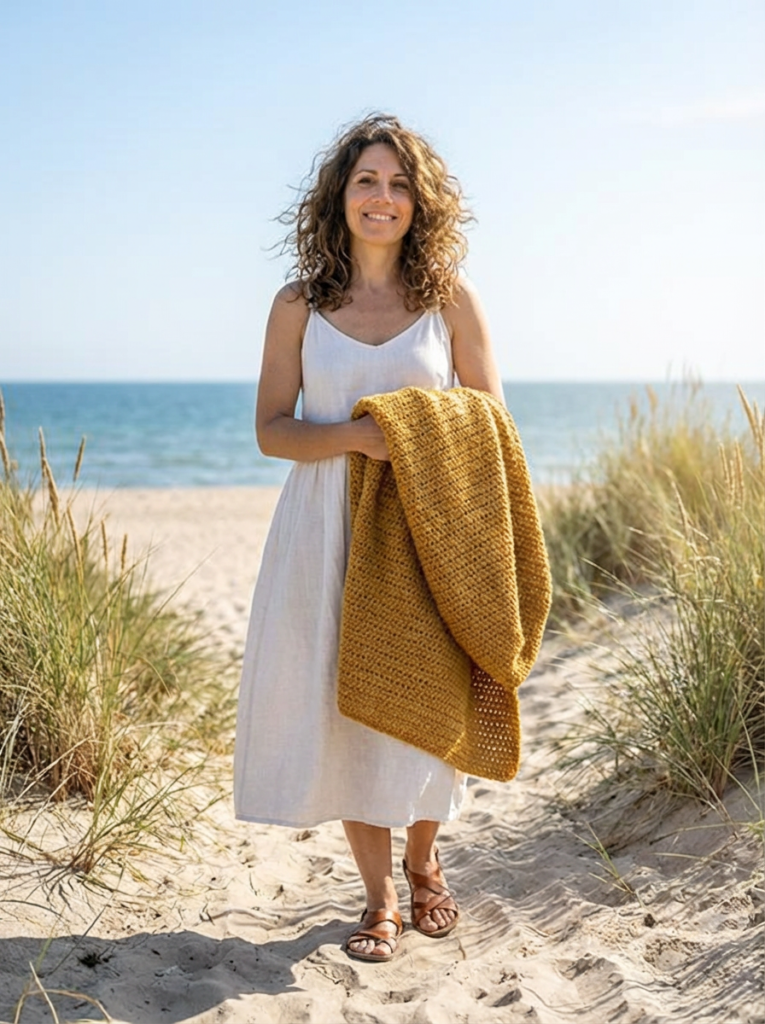 Maria Lynn designing crochet patterns with yarn at Savorgastronomy