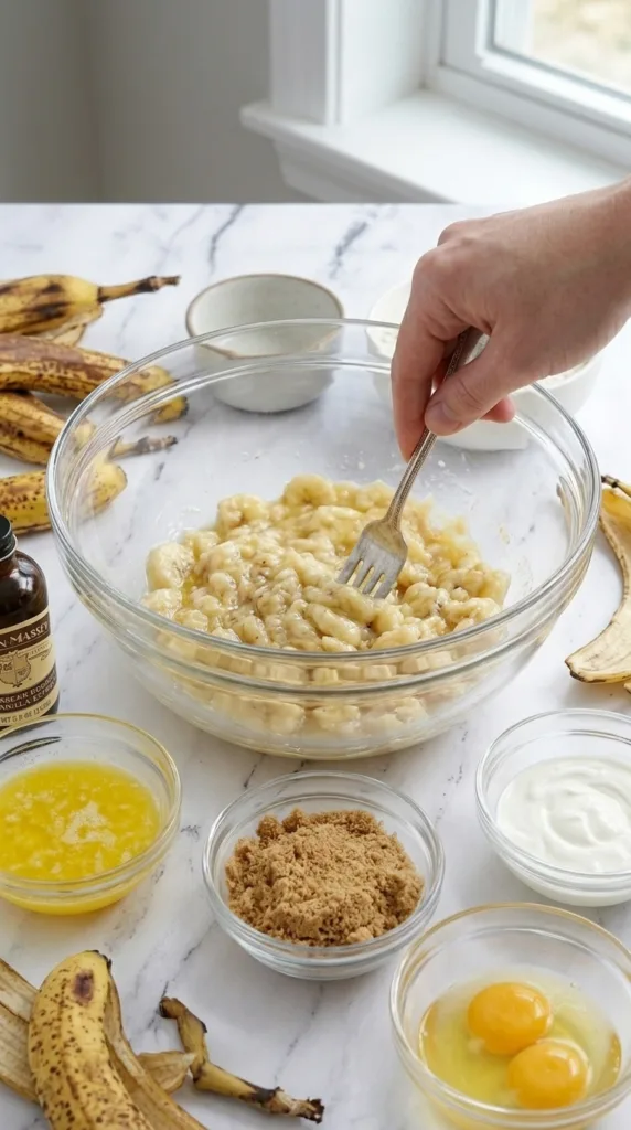 Mashing overripe bananas for moist banana bread