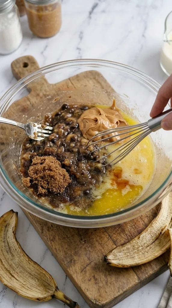 Mashing overripe bananas for peanut butter banana bread