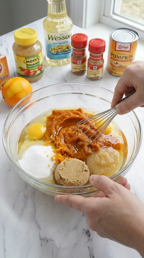 Mixing wet ingredients for moist cranberry pumpkin bread batter