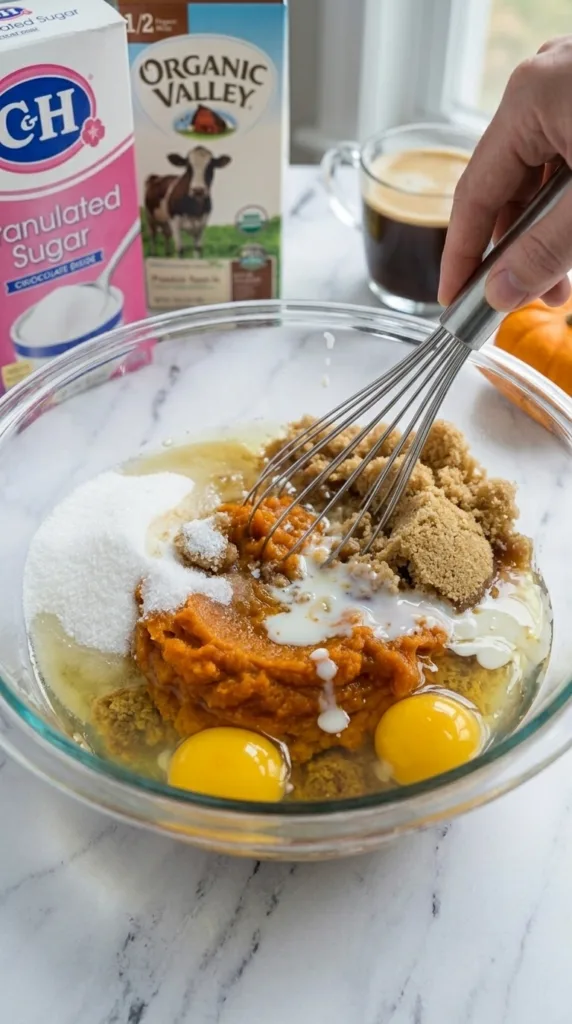 Mixing wet ingredients for moist pumpkin spice bread batter