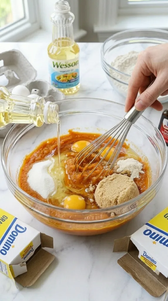 Moist Spiced Pumpkin Bread with Pepitas (1-Hour Bake!) 11 Mixing wet ingredients for pumpkin bread batter