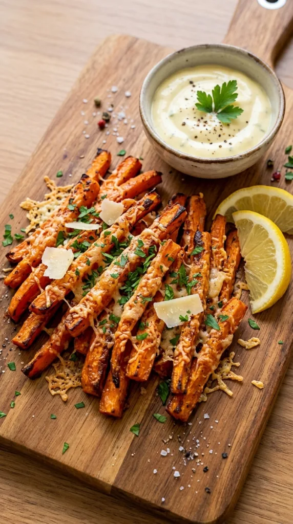 Parmesan roasted carrot fries served with dip—healthy snack perfection