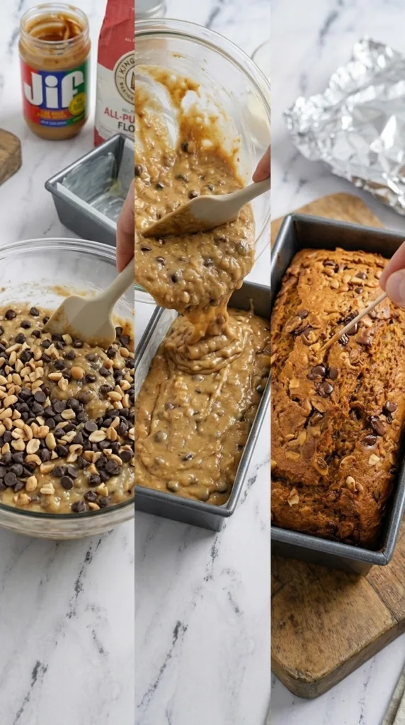 Peanut butter banana bread batter in loaf pan ready to bake