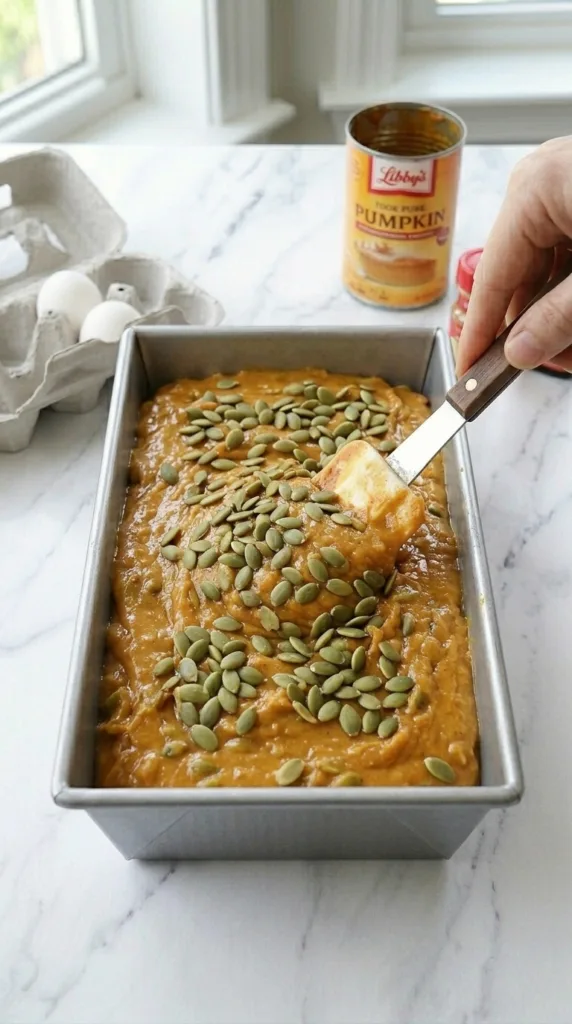 Moist Spiced Pumpkin Bread with Pepitas (1-Hour Bake!) 13 Pepitas on top of pumpkin bread batter ready to bake