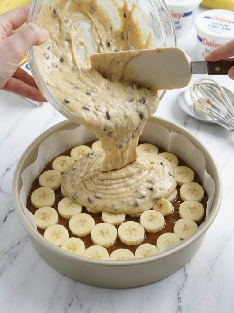 Caramel Banana Upside Down Cake (with Chocolate!) 19 Pour batter over caramel and bananas in pan