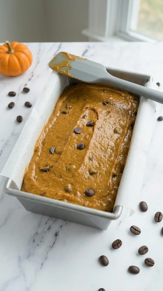 Pumpkin spice latte bread batter in loaf pan ready to bake