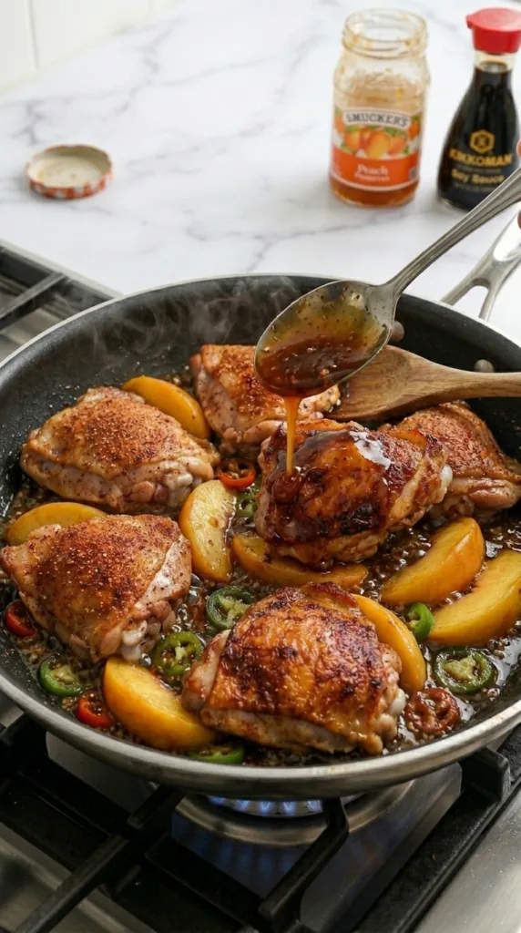 Returning chicken to skillet and coating in peach jalapeño glaze