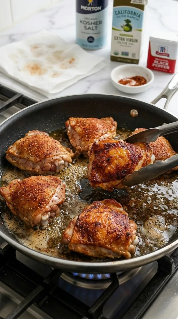 Searing seasoned chicken thighs in olive oil for jalapeño peach chicken