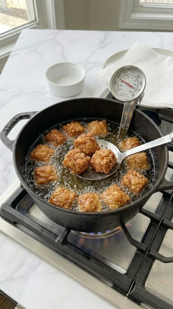 Second fry for extra crispy texture in spicy jalapeño chicken