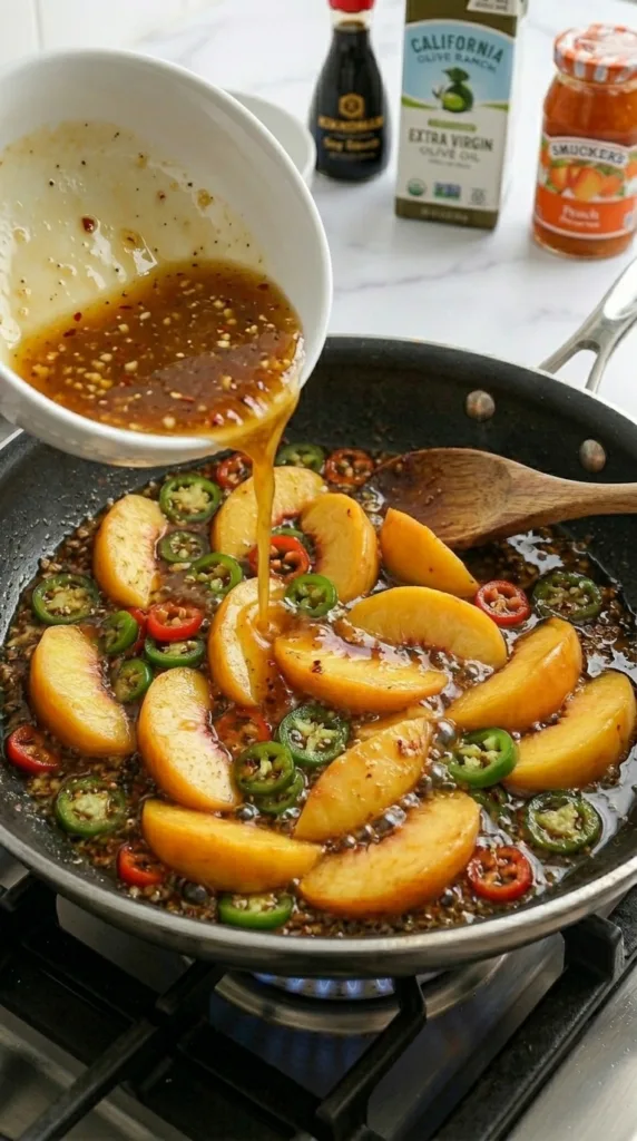 Simmering peach glaze with jalapeños for sweet-spicy chicken
