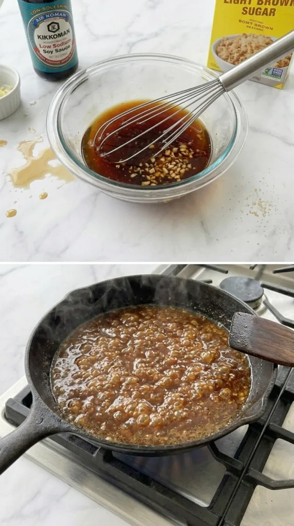 Simmering sweet-savory sauce with garlic for spicy jalapeño chicken