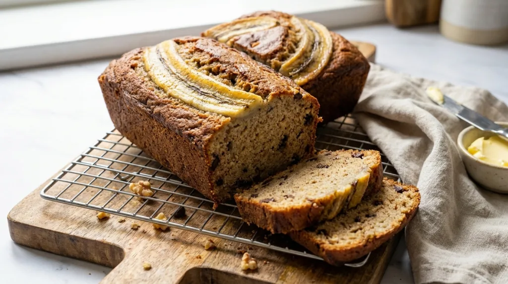Sliced banana bread—moist, tender, with chocolate chips