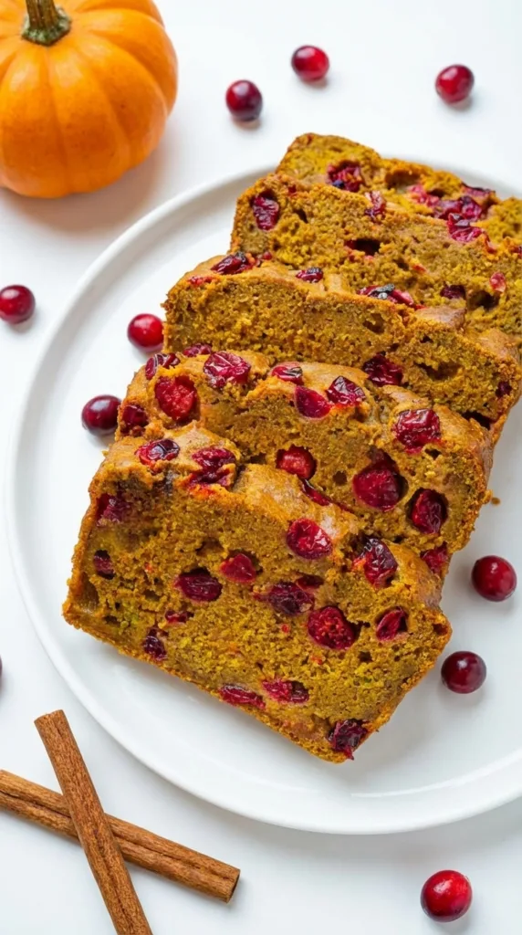 Sliced cranberry pumpkin bread—moist, tender