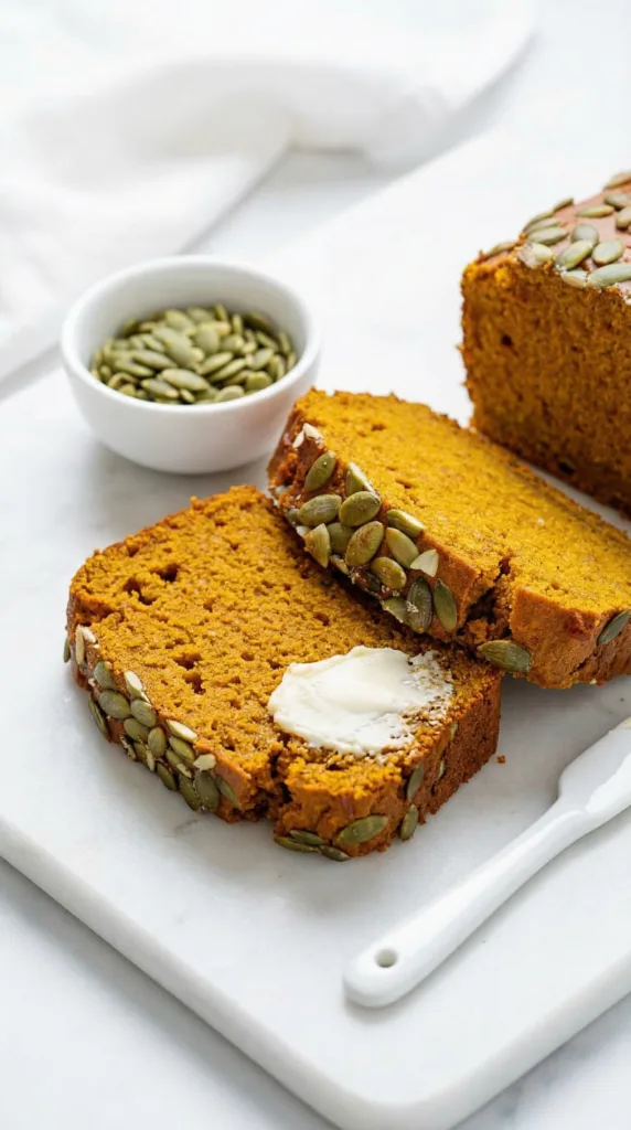 Moist Spiced Pumpkin Bread with Pepitas (1-Hour Bake!) 14 Sliced moist pumpkin bread with pepitas—tender interior