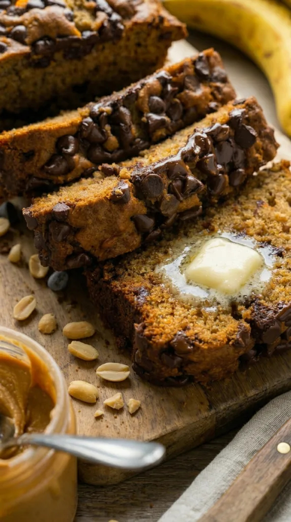 Sliced peanut butter banana bread—moist, nutty, chocolate pockets