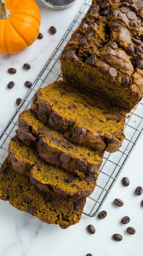 Sliced pumpkin spice latte bread—moist, spiced, chocolate pockets