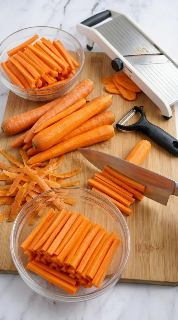 Slicing carrots into fry shapes for Parmesan roasted carrot fries