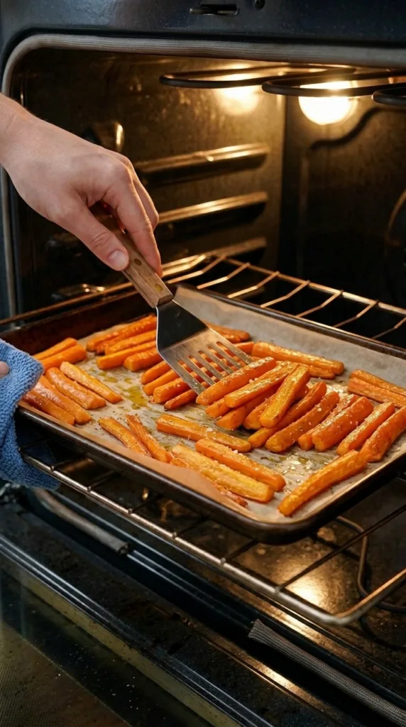 Stirring Parmesan carrot fries halfway for even browning