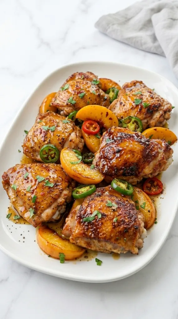 Sweet-spicy jalapeño peach chicken served with glossy glaze